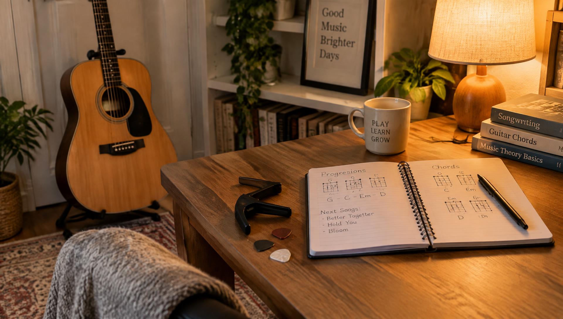 Een gezellige oefenhoek met een gitaar, een notitieboek met akkoordenschema's en een capo